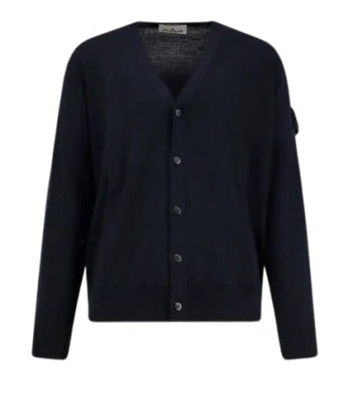 Stone Island Cardigan In Lana Vergine In Black
