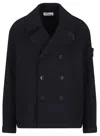 Stone Island Double-breasted Blue Coat With Structured Collar In Blue