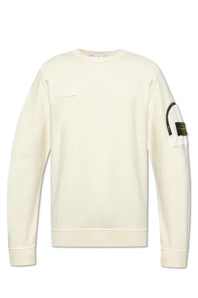 Stone Island Crew Neck Knit Sweatshirt With Functional Sleeve Pocket In White