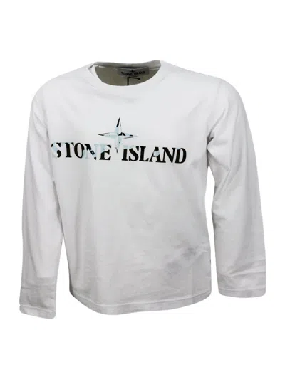 Stone Island Kids' T-shirt A Girocollo A Manica Lunga In 100% Cotone Con Logo Sul Petto In White