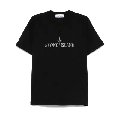Stone Island Logo Print Organic Cotton T-shirt In Black