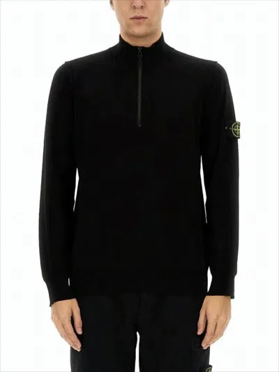 Stone Island Tailored Black Long-sleeve Top With Quarter Zip And Patch Logo