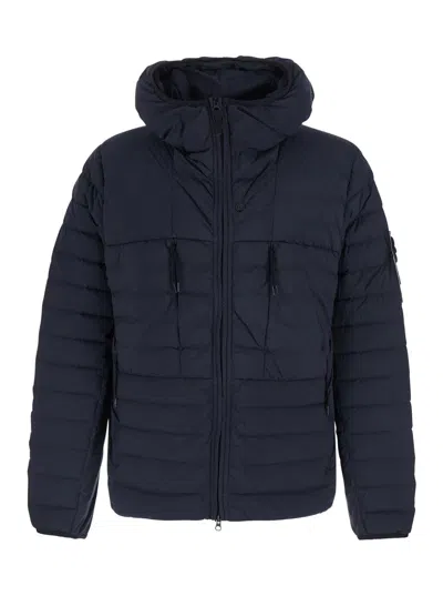 Stone Island Tech Fabric Down Jacket With High Collar And Logo Arm Patch In Blue