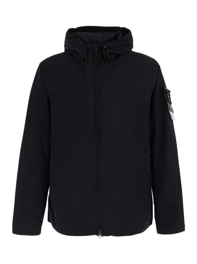 Stone Island Tech Fabric Hooded Logo Sleeve Jacket For Men In Black
