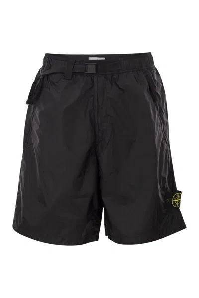 Stone Island Technical Fabric Bermuda Shorts With Adjustable Belt In Black