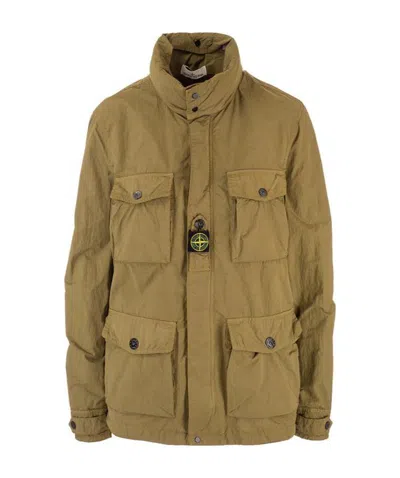 Stone Island Teen Logo-patch Hooded Jacket In Green