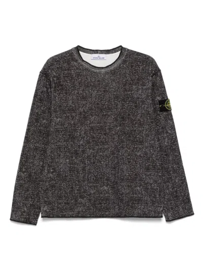 Stone Island Textured Black Crew Neck Sweater With Signature Logo Patch In Green