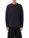 Stone Island Crew Neck Blue Sweater With Textured Fabric And Logo Patch In Black