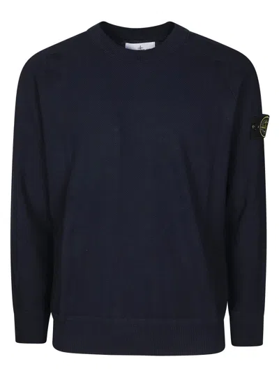 Stone Island Textured Knit Crew Neck Sweater In Blue