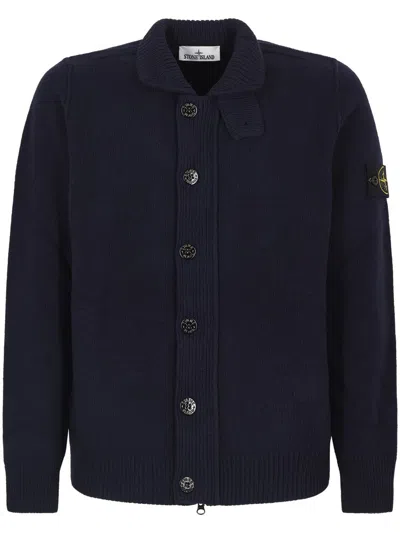 Stone Island Virgin Wool Blend High Neck Cardigan With Logo Patch In Blue