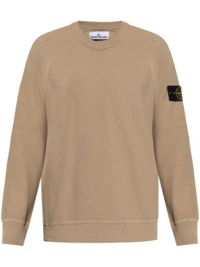 Stone Island Textured Knit Sweater With Classic Crew Neck In Beige
