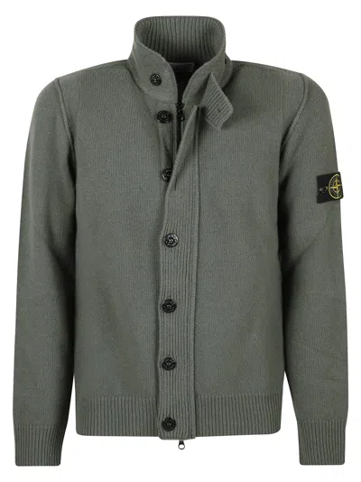 STONE ISLAND TEXTURED KNIT SWEATER WITH HIGH COLLAR AND BUTTONED FRONT