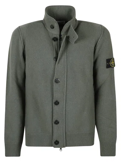 Stone Island Textured Knit Jumper With High Collar And Buttoned Front In Green