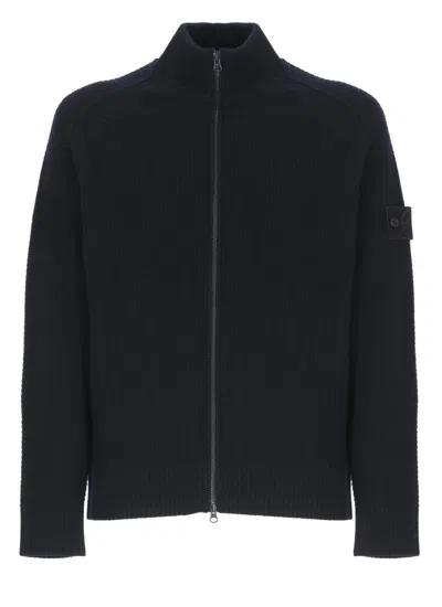 Stone Island Textured Knit Wool Cardigan In Blue