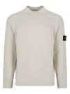 Stone Island White Sweater With Ribbed Design And Logo Patch On Sleeve In Virgin Wool Blend Man In Neutral
