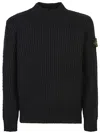 Stone Island Ribbed Texture Black Crew Neck Sweater In Black