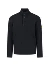 Stone Island High Collar Pullover With Buttoned Placket And Logo Patch In Black