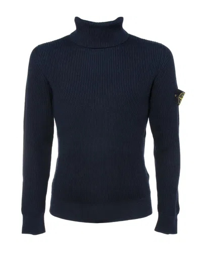 Stone Island Turtleneck With Iconic Logo On The Sleeve In Navy