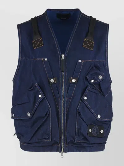 Stone Island Utility Denim Gilet Featuring Multiple Pockets In Blue