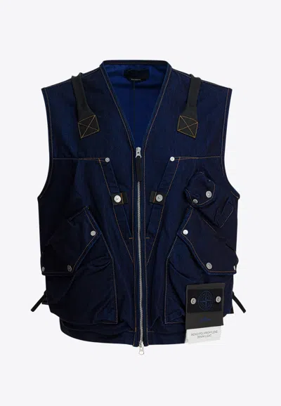 Stone Island Indigo Blue Zip Vest In Cotton Blend