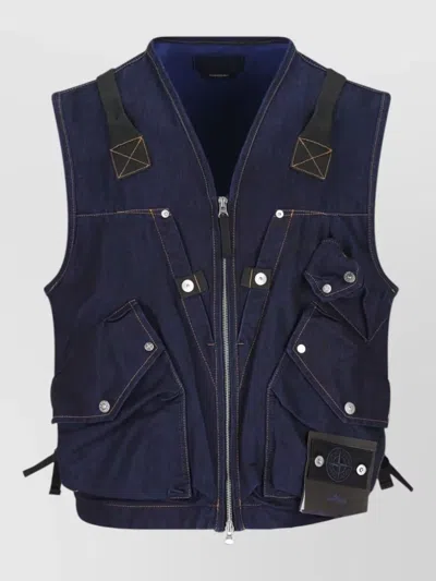Stone Island Utility Denim Vest Multiple Pockets Straps In Blue