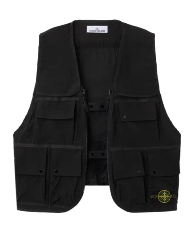 Stone Island Utility Vest With Multiple Pockets And Adjustable Belts In Black