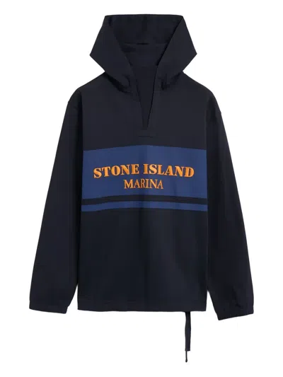 Stone Island V-neck Logo-lettering Hoodie In Black