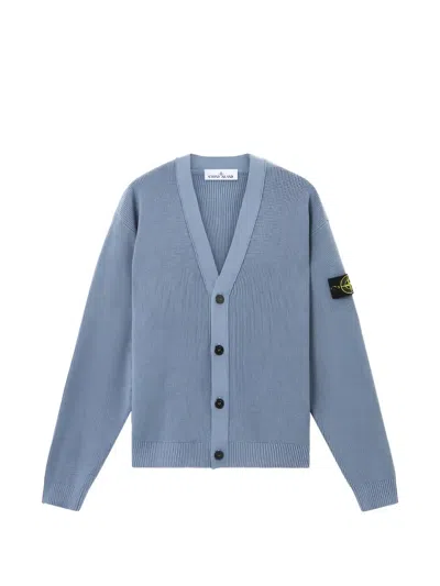 Stone Island V-neck Logo-patch Cardigan In Blue