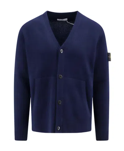 Stone Island V-neck Long-sleeved Cardigan In Blue