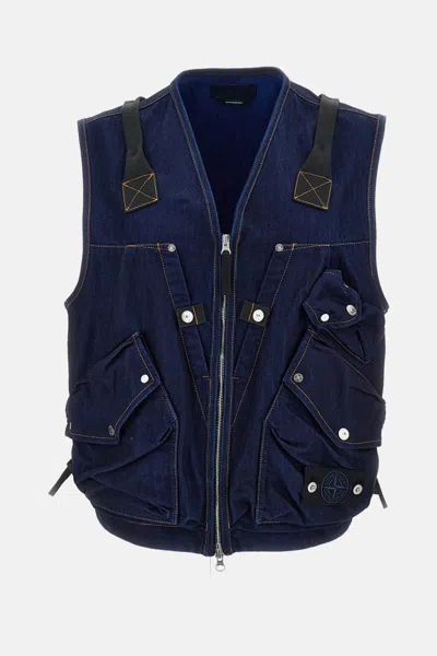 Stone Island Indigo Blue Zip Vest In Cotton Blend