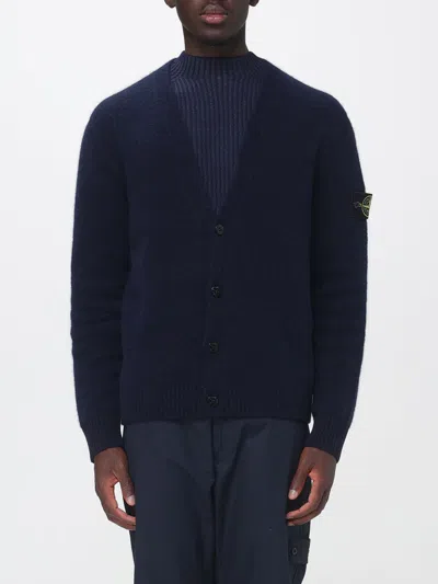 Stone Island Virgin Wool And Alpaca Blend Cardigan With Logo Patch In Blue
