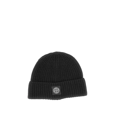 Stone Island Virgin Wool Beanie Hat With Logo Patch In Black