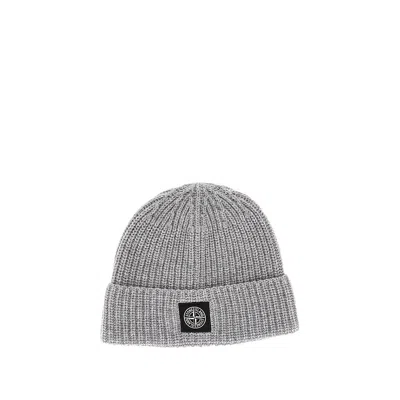 Stone Island Virgin Wool Beanie Hat With Logo Patch In Gray