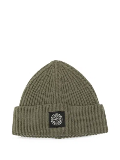 Stone Island Green Ribbed Wool Beanie With Compass Patch In White