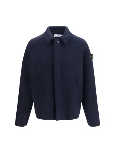 Stone Island Virgin Wool Fleece Jacket In Blue