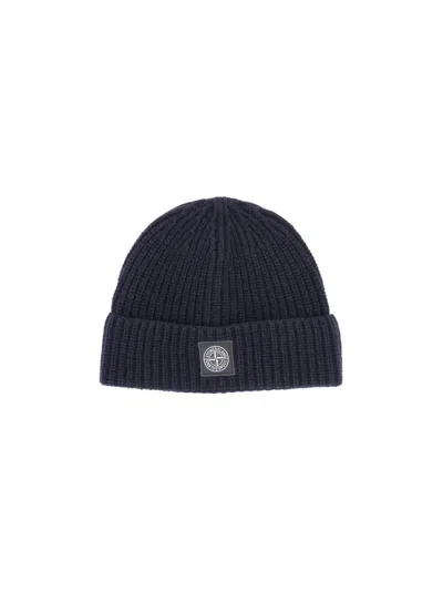 Stone Island Virgin Wool Logo Beanie In Blue