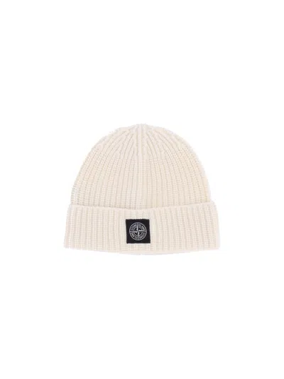 Stone Island Virgin Wool Logo Beanie In White