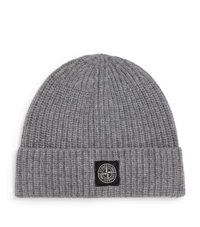Stone Island Virgin Wool Ribbed Beanie In Gray