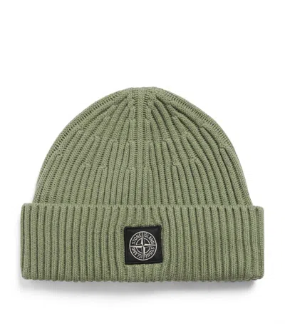 Stone Island Virgin Wool Ribbed Beanie In Green