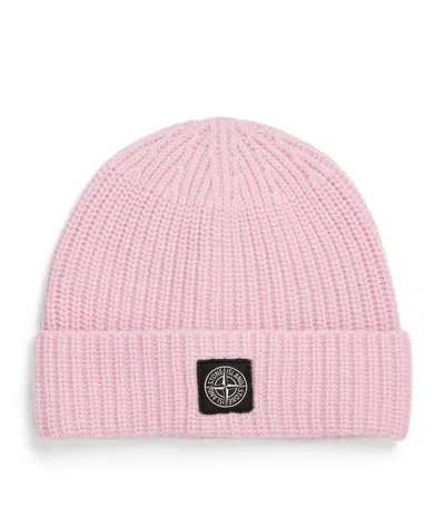 Stone Island Virgin Wool Ribbed Beanie In Pink