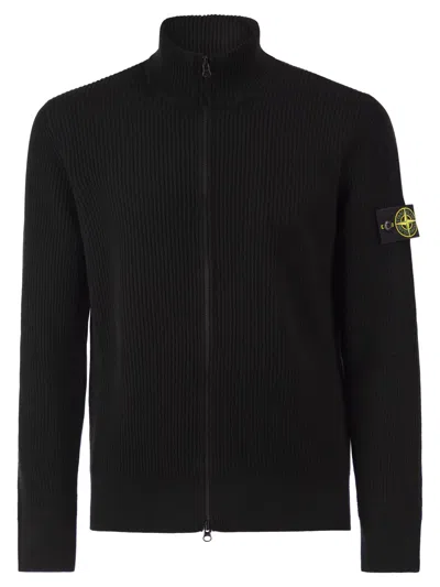 Stone Island Virgin Wool Ribbed Cardigan With High Neck And Zip In Black