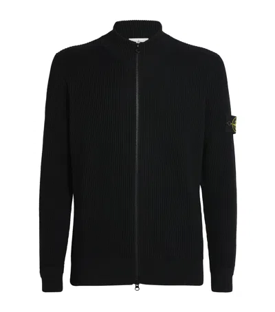 Stone Island Virgin Wool Zip-up Sweater In Black