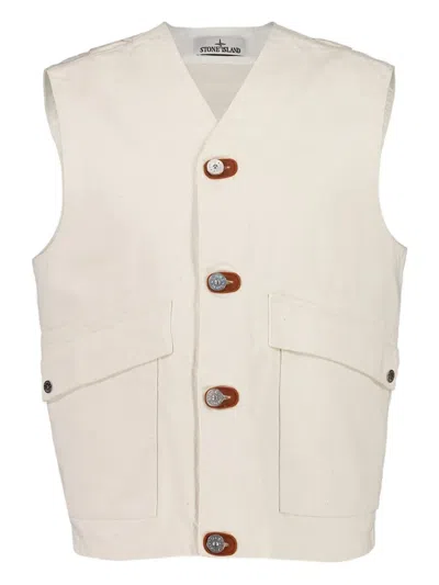 Stone Island V-neck Buttoned Gilet In White
