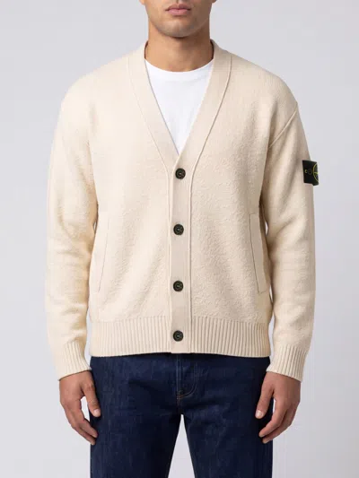 Stone Island V-neck Cardigan In Pure Virgin Wool With Compass Logo In Neutral
