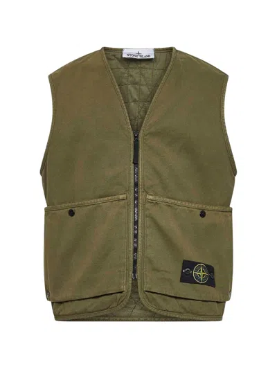 Stone Island Quilted Cotton V-neck Vest With Zip Closure In Green