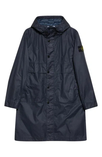 Stone Island Waxed Long Parka In Blue