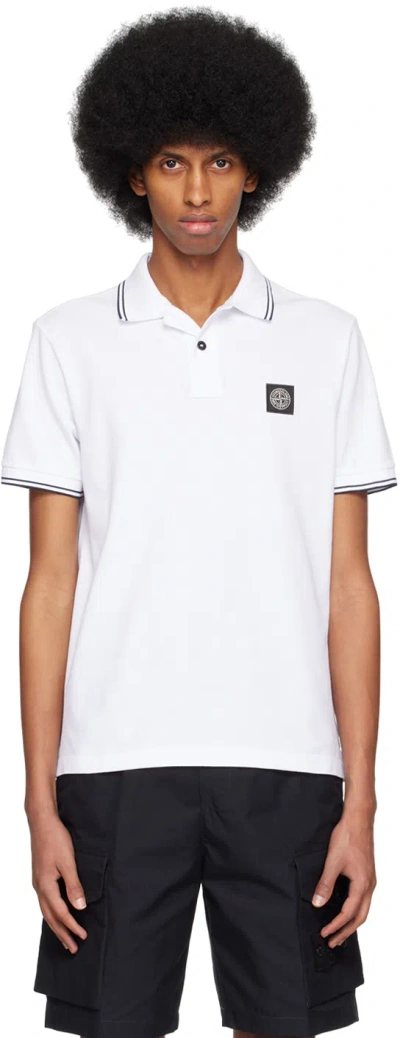 Stone Island Contrasting Trim Logo Patch Cotton Blend Polo Shirt In White