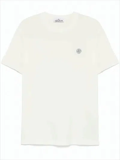 STONE ISLAND WHITE COTTON SHORT-SLEEVE T-SHIRT WITH LOGO PATCH