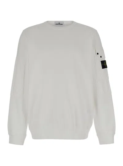 Stone Island White Crewneck Sweater With Patch Pocket In Cotton Man