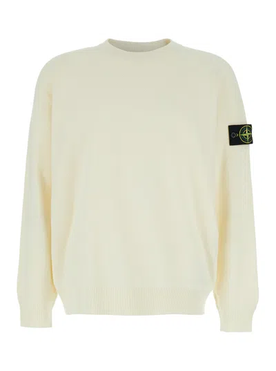 Stone Island White Crewneck T-shirt With Logo Patch On The Sleeve In Cotton Man